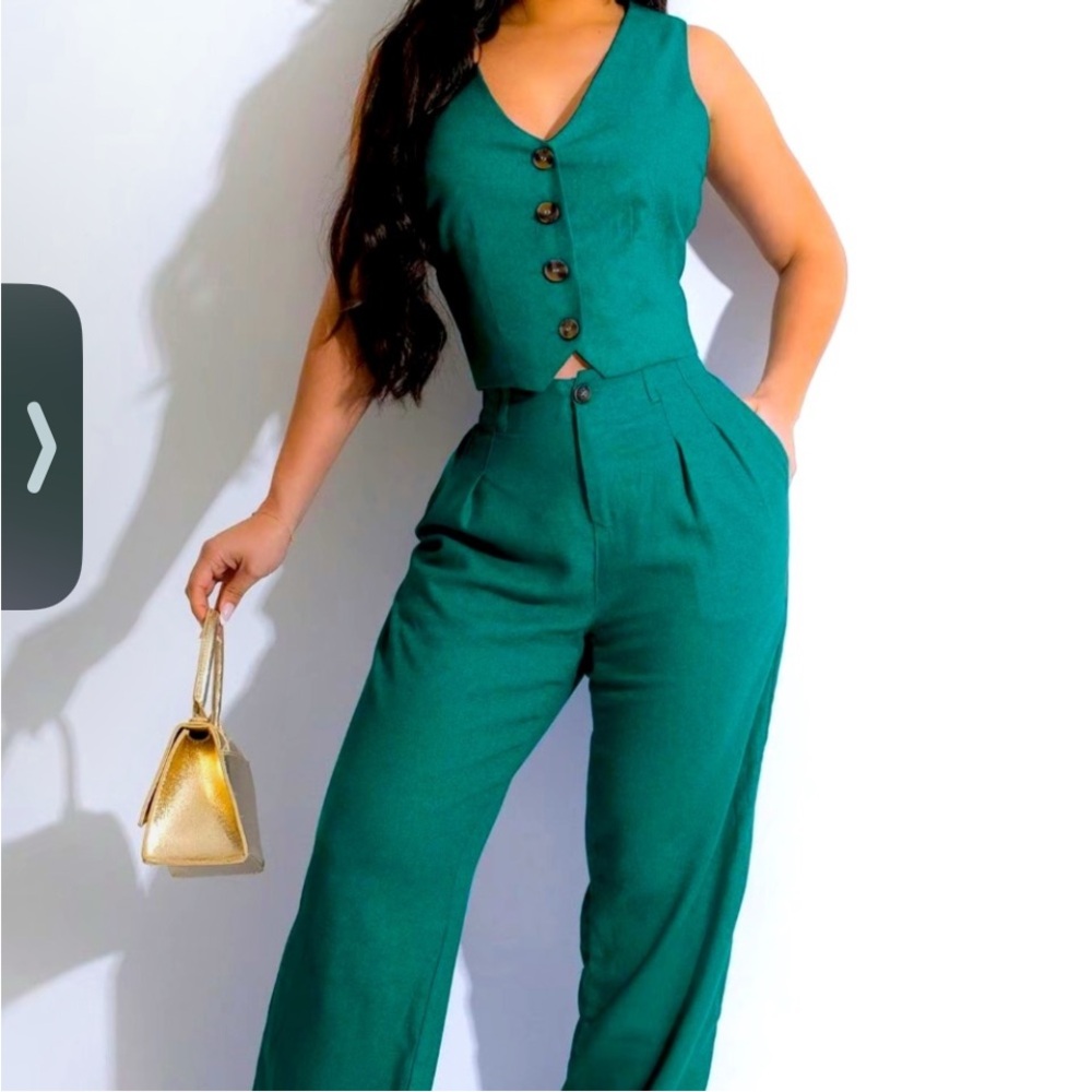 Women's Button Front V Neck Vest & Elastic Waist Pants Set